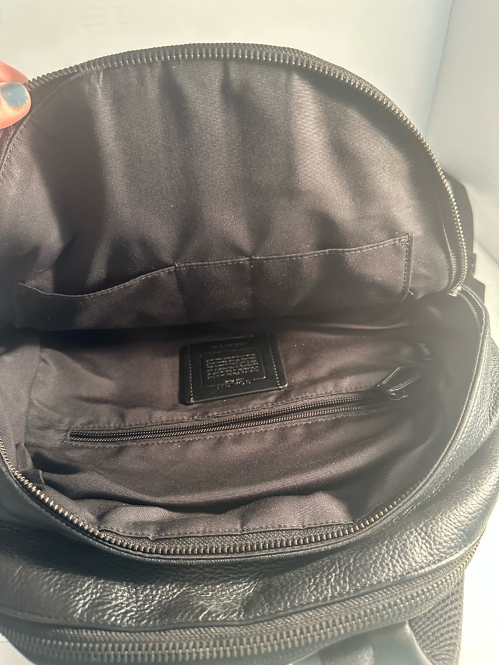 Coach Black Leather Backpack with Brown and Navy Stripe Detailing - Picture 13 of 16